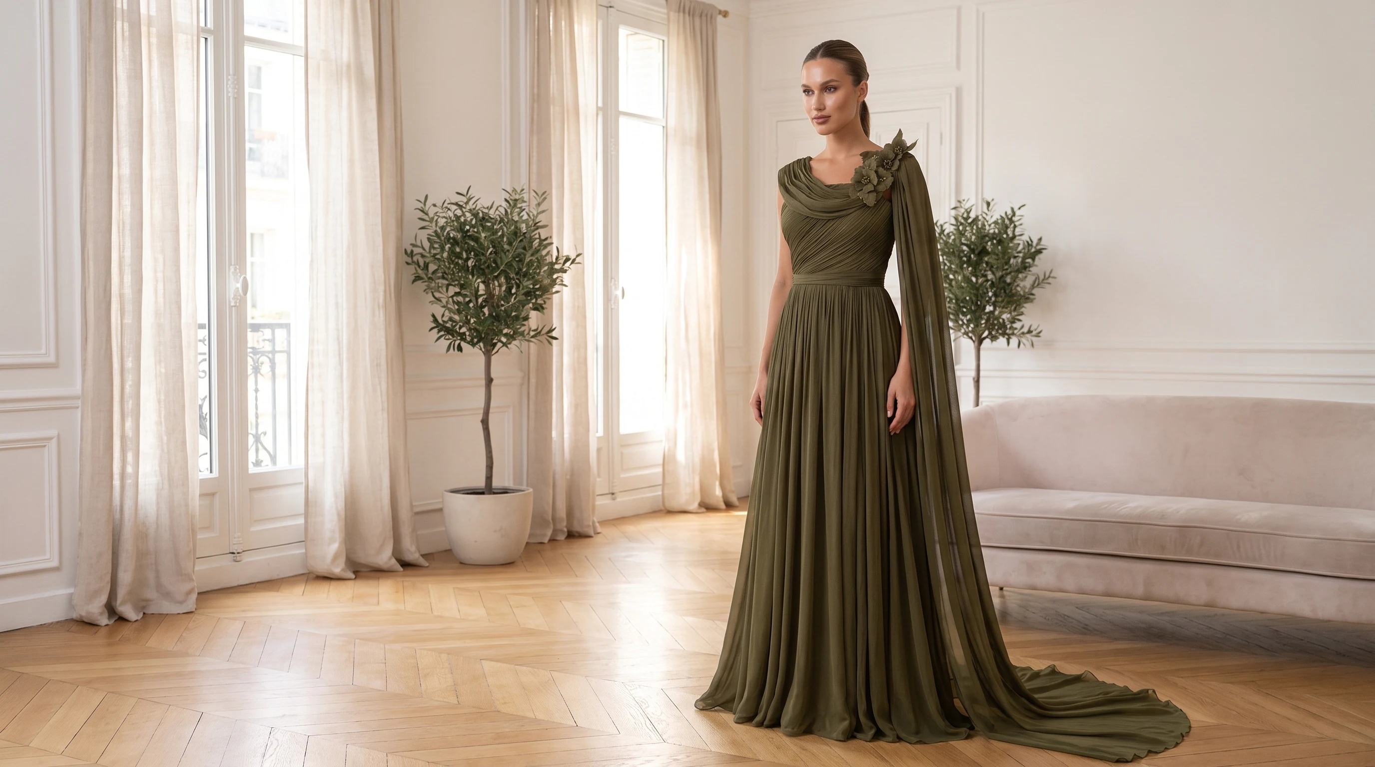 MAXXE abiye — Zeytin ağaçlı salonda zeytin yeşili drape şifon abiye