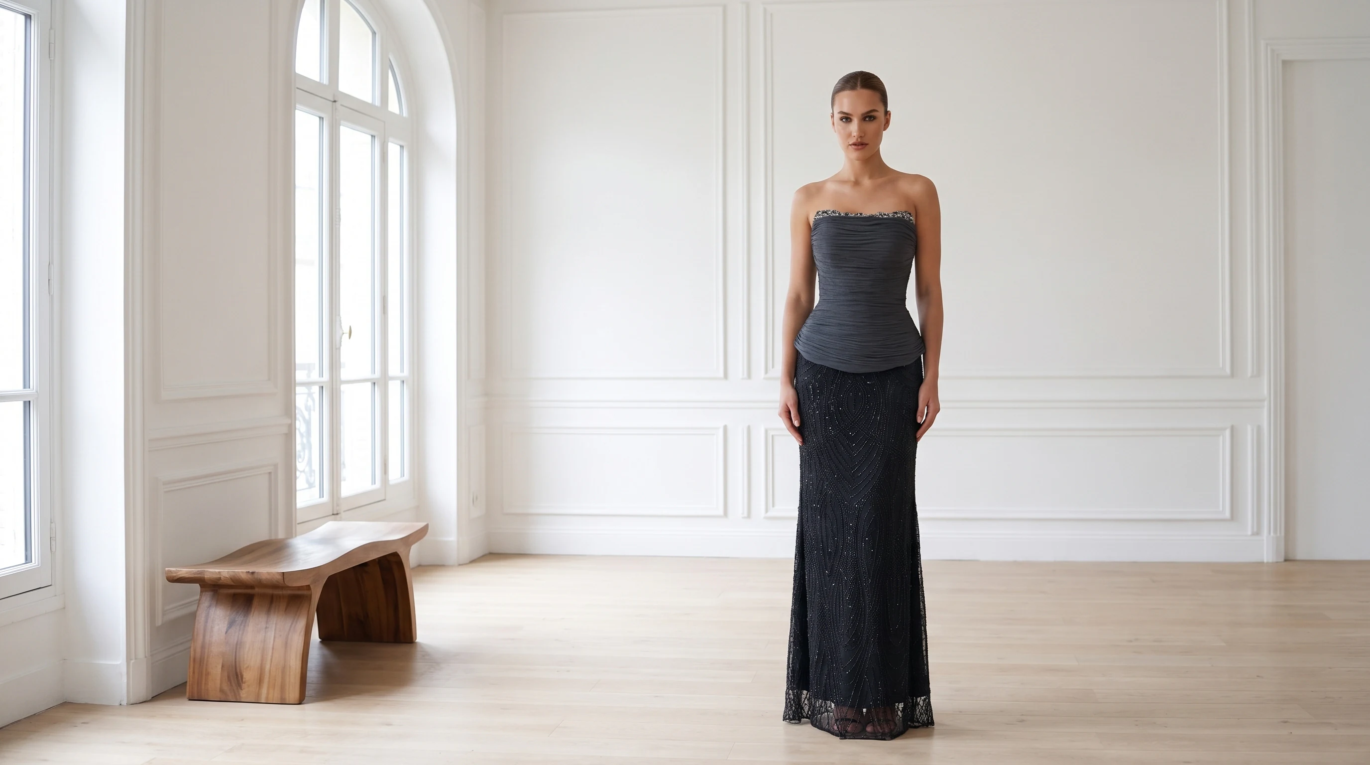MAXXE abiye — Minimal Paris dairesinde antrasit korseli abiye